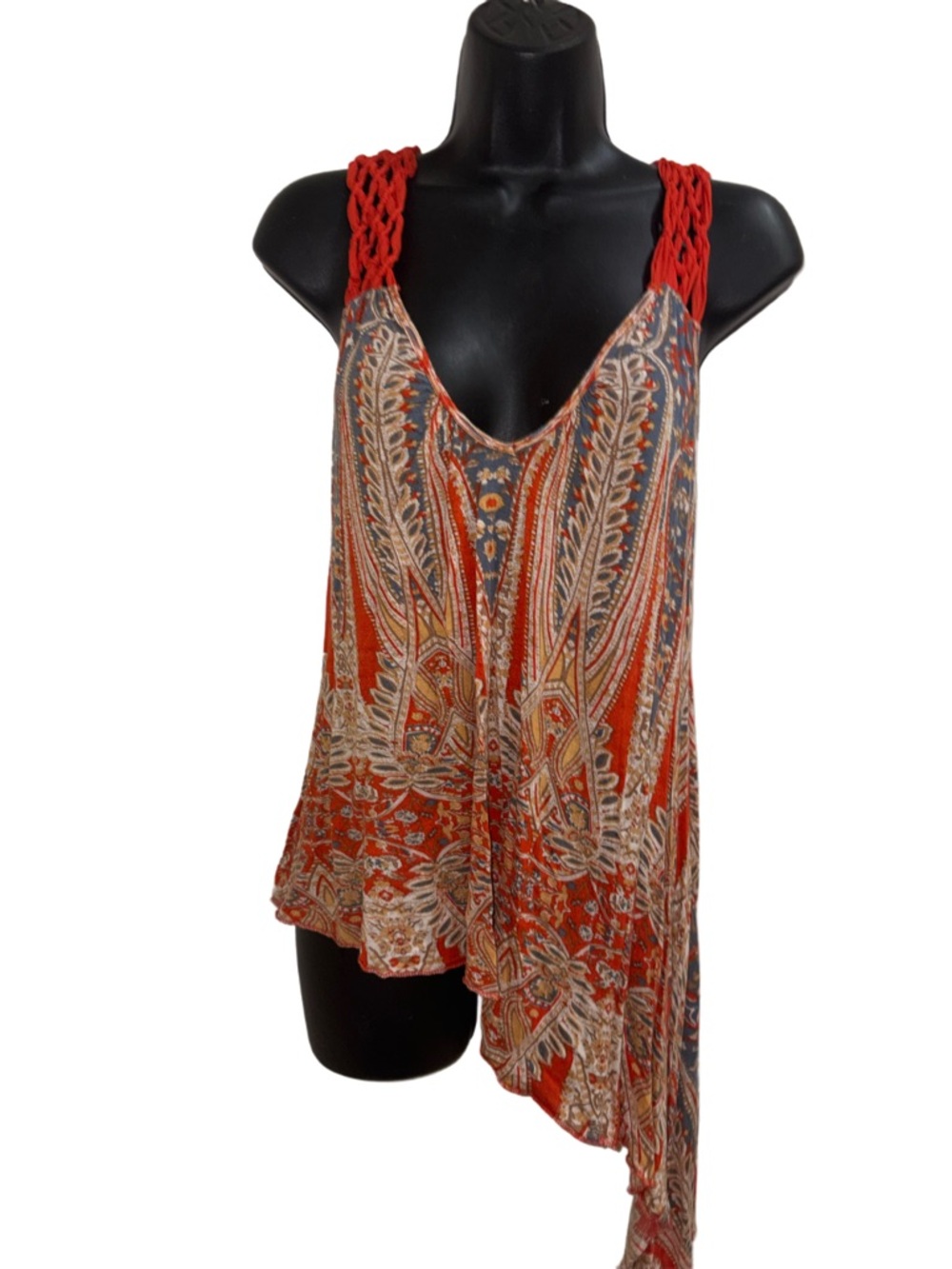 Bohemian Paisley Asymmetric Tank Top with Knitted Straps - Red❤️Like New